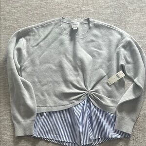 Gray Sweater with Striped Hem